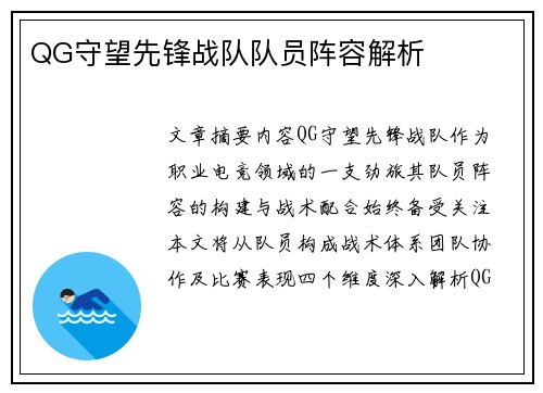 QG守望先锋战队队员阵容解析